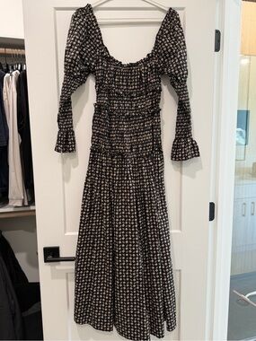DOEN Black Floral Long-Sleeve Smocked Midi Dress